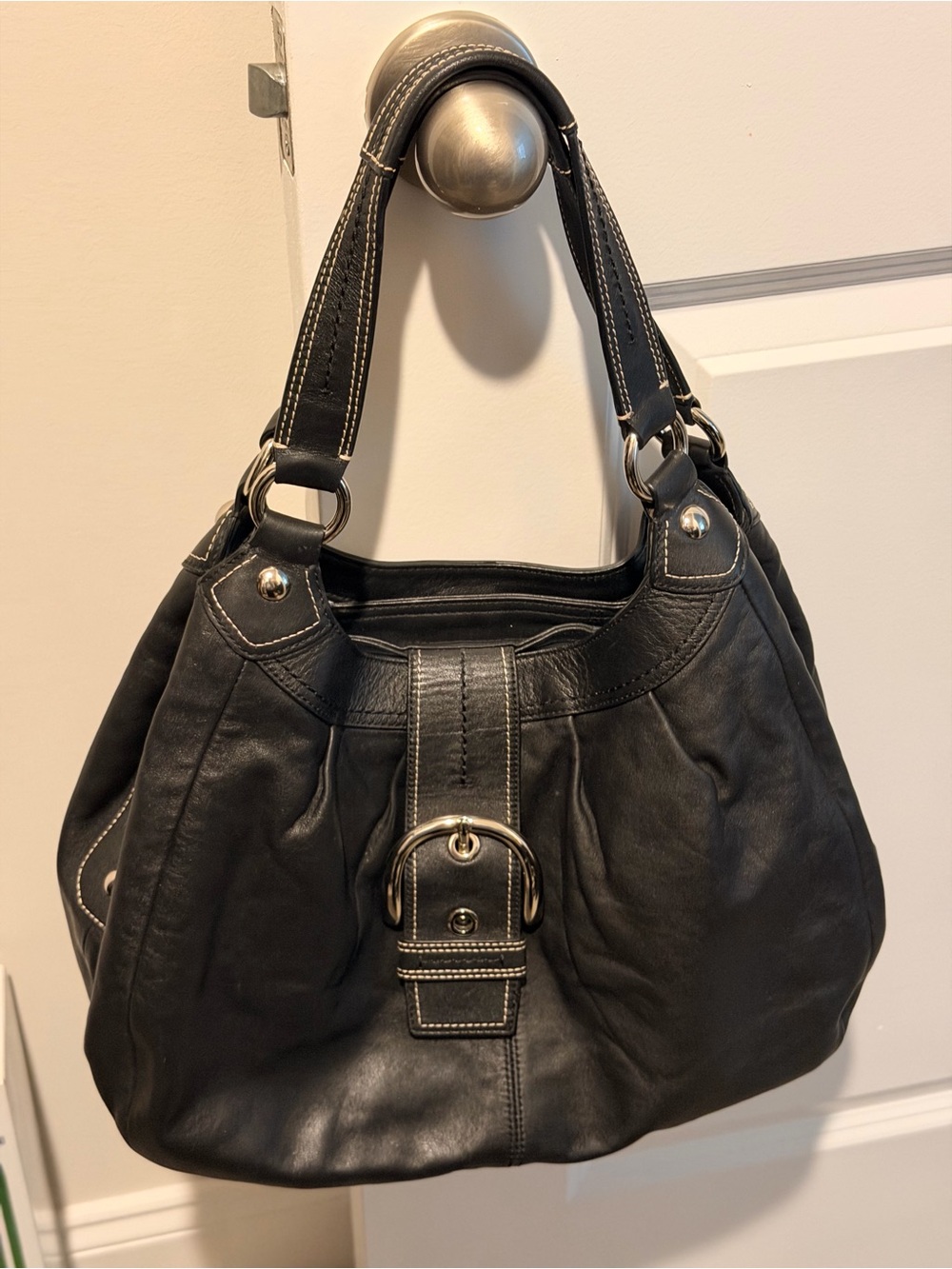 Coach Black Leather Shoulder Bag with Contrast Stitching